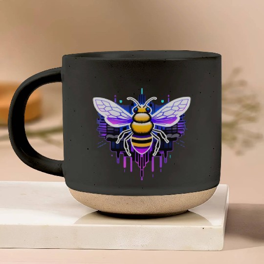 A bee cyberpunk-style with glowing neon stripes Pottery Mugs