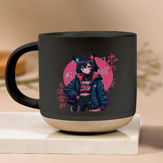Cyberpunk Anime Girl with Cat Ears Neon Aesthetic Pottery Mugs
