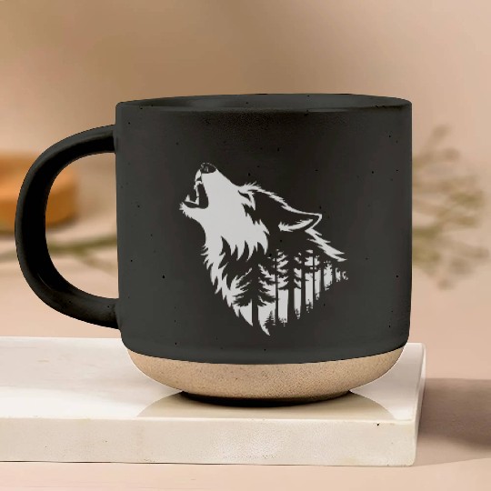 Howling Wolf & Forest Silhouette Pottery Mugs