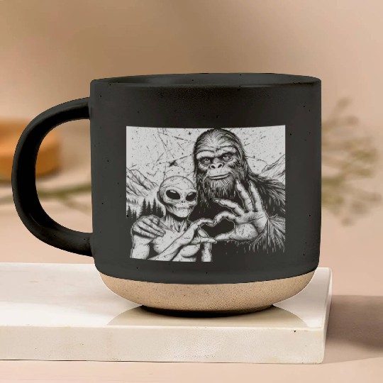 Bigfoot and alien Sasquatch love hand sign Weird S Pottery Mugs