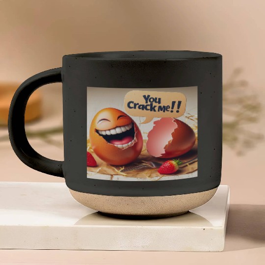 A cracked Easter egg laughing with the caption Pottery Mugs
