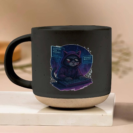 Cyberpunk Cat Hacker Pottery Mugs