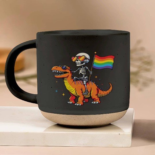 Skeleton with dinosaur Lgbtq Pottery Mugs