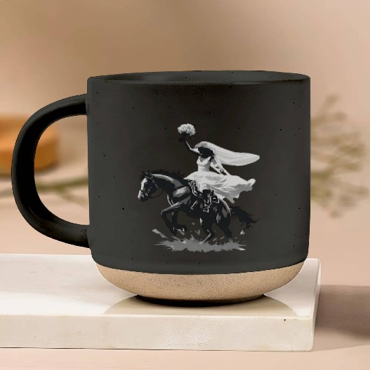 Western Cowgirl Bride on Bucking Horse – Grayscale Pottery Mugs