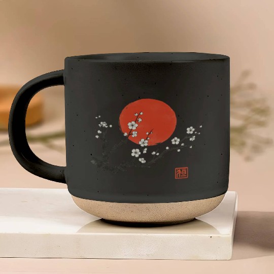 Cherry Blossom and Red Sun – Japanese Sumi-e Ink S Pottery Mugs