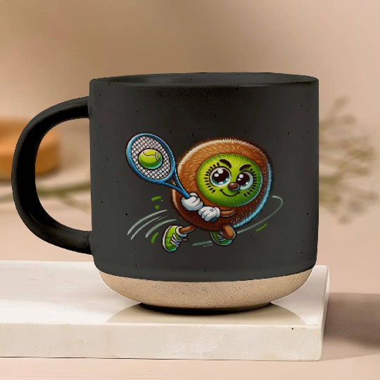 Kiwi Tennis Star – Furry Fruit Champion on Court Pottery Mugs