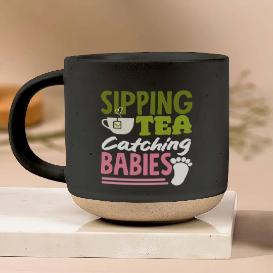 Midwife Sipping Tea Catching Babies Pottery Mugs