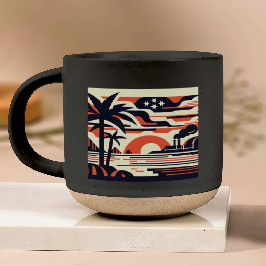 Twilight Palm & Factory Scene Pottery Mugs