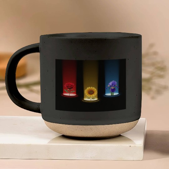 Glowing Floral Trio: Rose, Sunflower & Iris Pottery Mugs