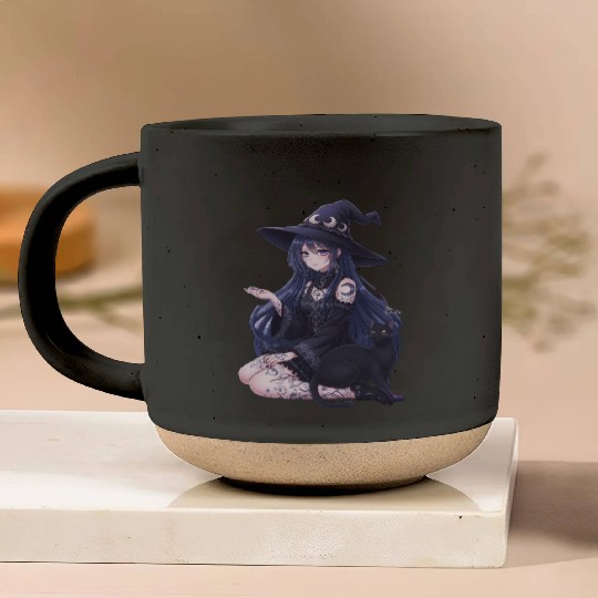 Dark Fantasy Anime Girl & Gothic Black Cat Art Pottery Mugs