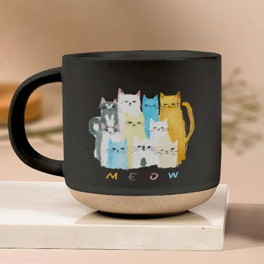 Ten Colorful Cats MEOW Graphic Design Pottery Mugs