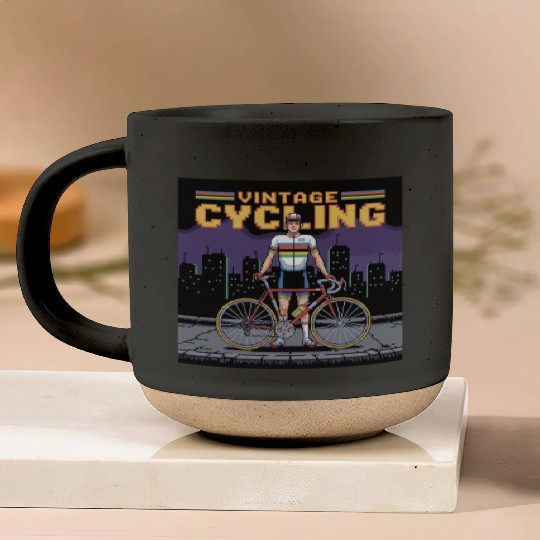 Vintage Cycling Retro Pixel Cyclist in Urban Scene Pottery Mugs