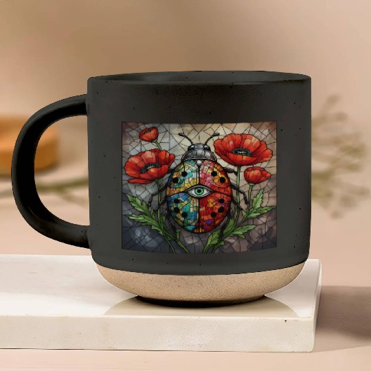 Ladybug stained glass vibrant poppy flower insect Pottery Mugs