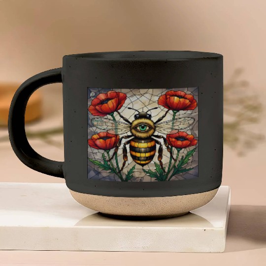 Bumble bee stained glass vibrant poppy flower eye Pottery Mugs