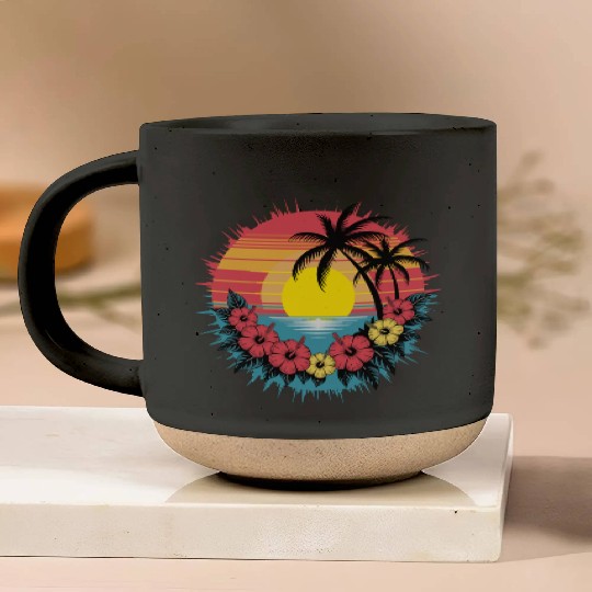 Tropical Sunset Paradise with Hibiscus and Palm Pottery Mugs