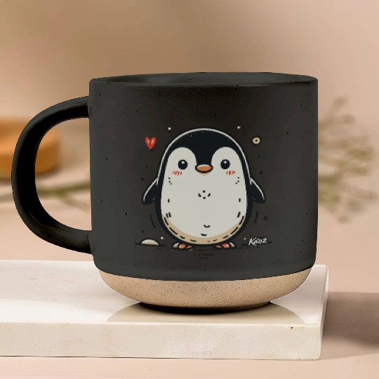 Cute Cartoon Penguin with Blush and Heart Pottery Mugs