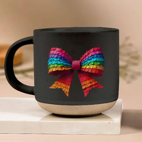 Vibrant Rainbow Paper Ribbon Bow Pottery Mugs