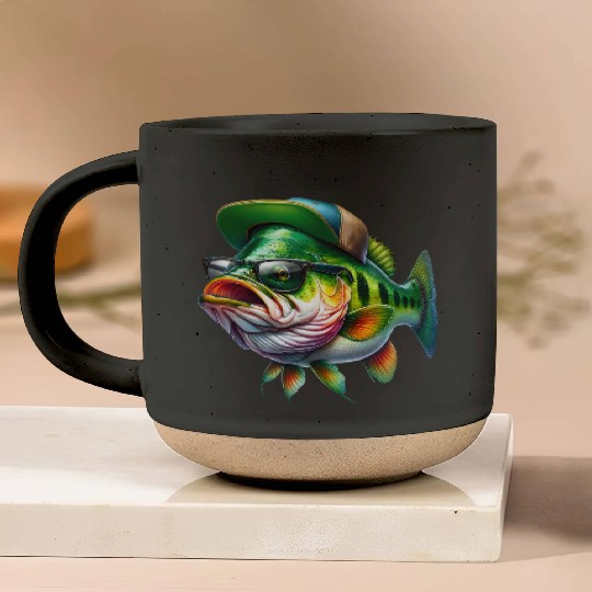 Cool Bass Fish with Green Hat and Glasses Pottery Mugs