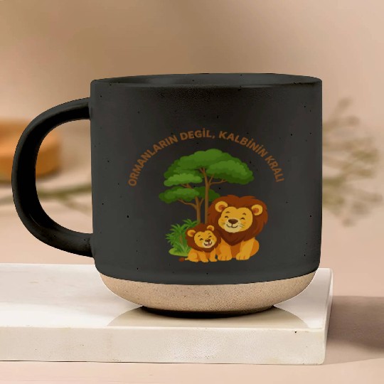 Joyful Lion and Cub Under Green Tree Pottery Mugs