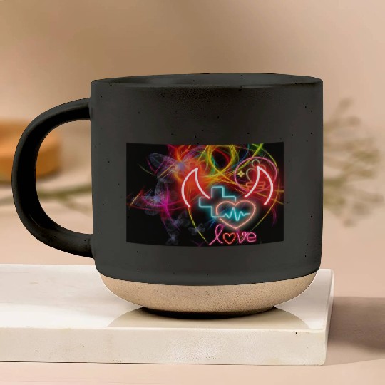 Neon Heart and Devil Horns Love Design Pottery Mugs