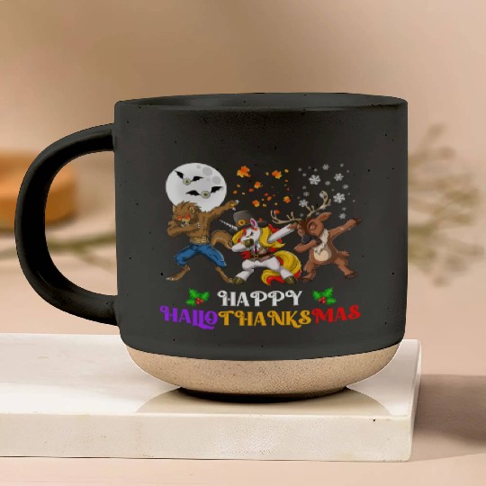Happy Hallothanksmas Dabbing werewolf Unicorn Deer Pottery Mugs