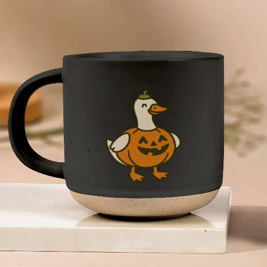 Spooky Halloween Duck in Pumpkin Costume Pottery Mugs