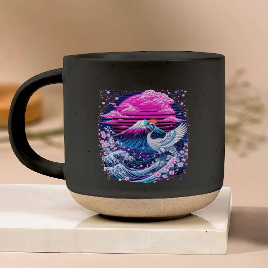 Neon Sakura Crane & Mount Fuji Scene Pottery Mugs
