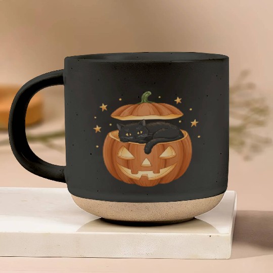 Black Cat in Jack-O-Lantern Pumpkin Pottery Mugs