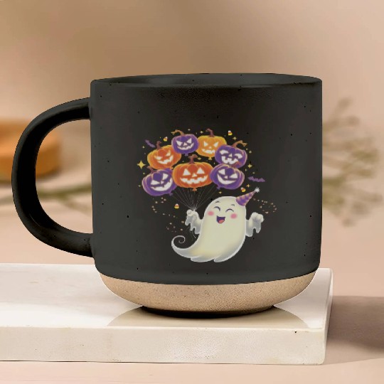 Halloween Ghost with Jack-o'-Lantern Balloons Pottery Mugs