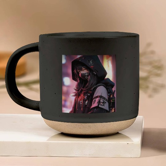 Cyberpunk Hooded Girl with Neon Accents Pottery Mugs
