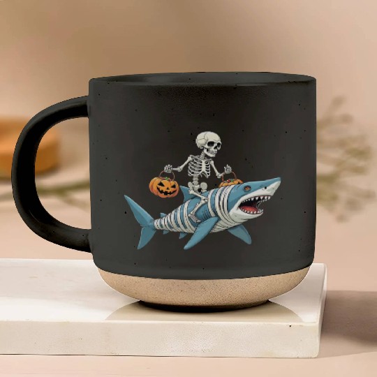 Skeleton Riding Shark Mummy Funny Halloween Pottery Mugs