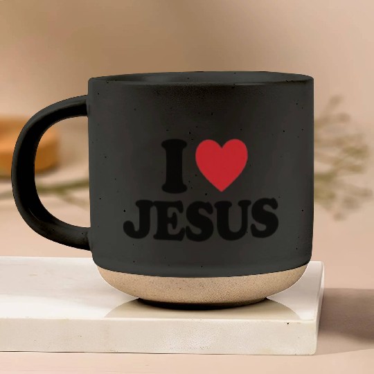 Heart and Cross with I Love Jesus Message Pottery Mugs