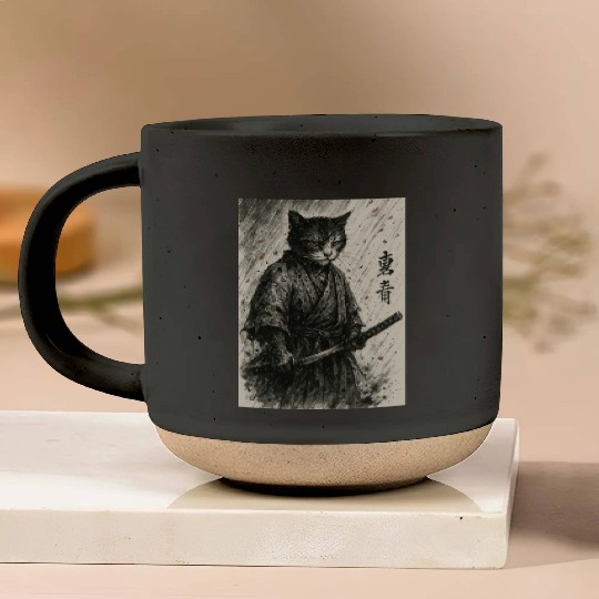 Samurai Cat Warrior Vintage Japanese Art Design Pottery Mugs