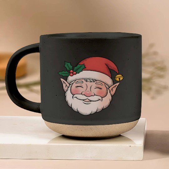 Festive Santa Elf Face Design Pottery Mugs