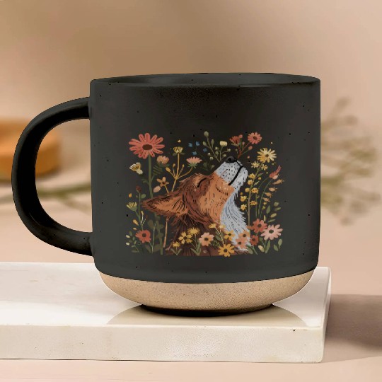 Serene Howling Wolf Amid Floral Bloom Pottery Mugs
