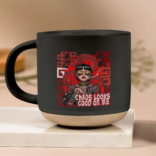 Cyberpunk illustration of a powerful young woman Pottery Mugs