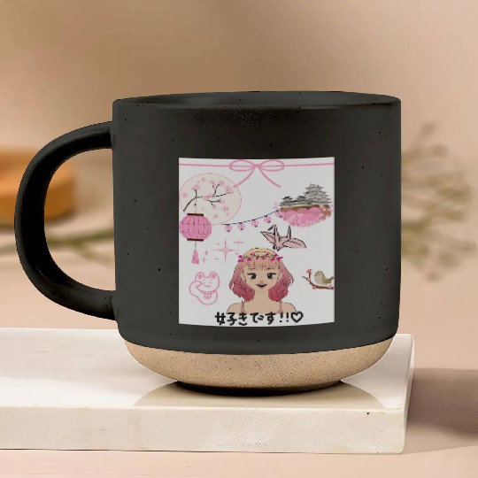 Cherry Blossom Girl with Japanese Elements Pottery Mugs