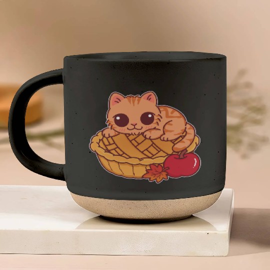 Kawaii Cat on Autumn Apple Pie Pottery Mugs