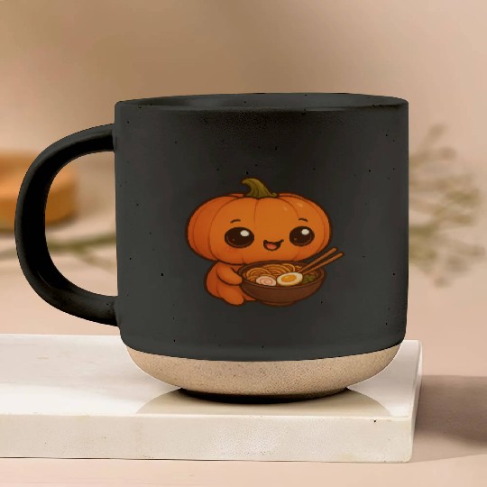 Chibi Pumpkin with Ramen Bowl Kawaii Art Pottery Mugs