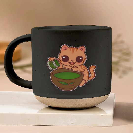 Kawaii Cat Barista Making Matcha Tea Pottery Mugs