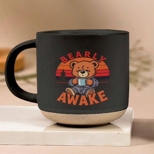 Bearly Awake with Coffee Illustration Pottery Mugs