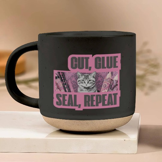 Decoupage Mantra Cut Glue Seal Repeat Cat Pottery Mugs