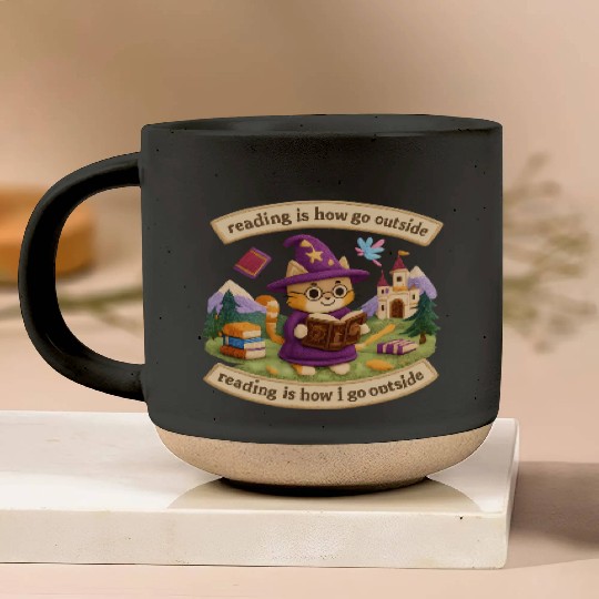 Whimsical Cat Wizard Reading Pottery Mugs