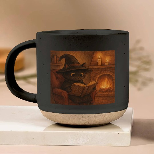 Enchanted Cat Witch by the Fireplace Pottery Mugs