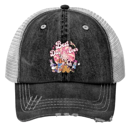 Vintage Disney Best Day Ever Print Trucker Hats, Retro Disney Castle Print Trucker Hats