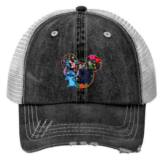 Disney Lilo And Stitch Print Trucker Hats, Ohana Means Family Print Trucker Hats, Disney Stitch Family Matching Print Trucker Hats