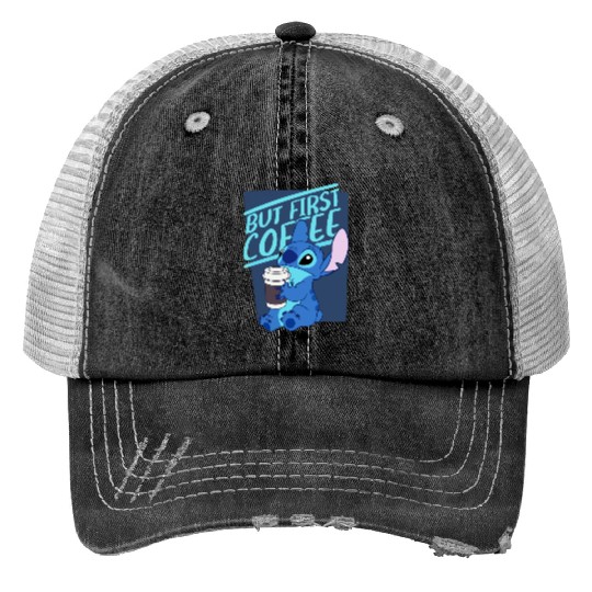 But First Coffee Stitch Print Trucker Hats, Disney Print Trucker Hats