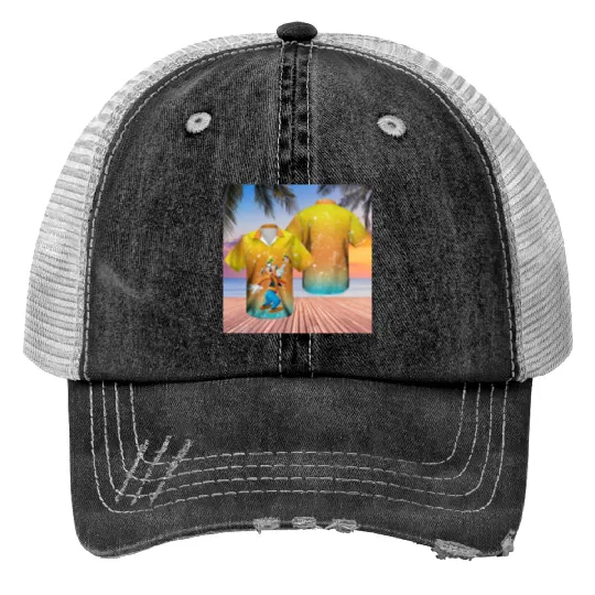 Disney goofy bling hawaiian Print Trucker Hats, mickey mouse hawaiian Print Trucker Hats
