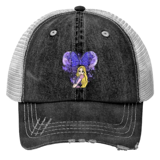 Rapunzel Mickey Ears Print Trucker Hats, Disney Princess Print Trucker Hats, Rapunzel Watercolor Castle Print Trucker Hats