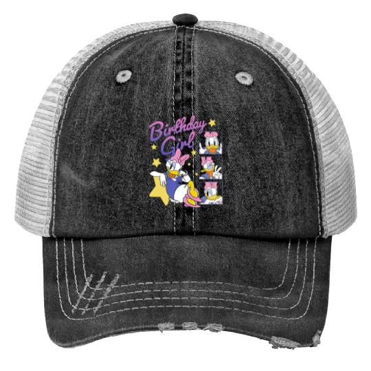 Disney Daisy Duck Birthday Girl Print Trucker Hats, Disney Daisy Birthday Print Trucker Hats